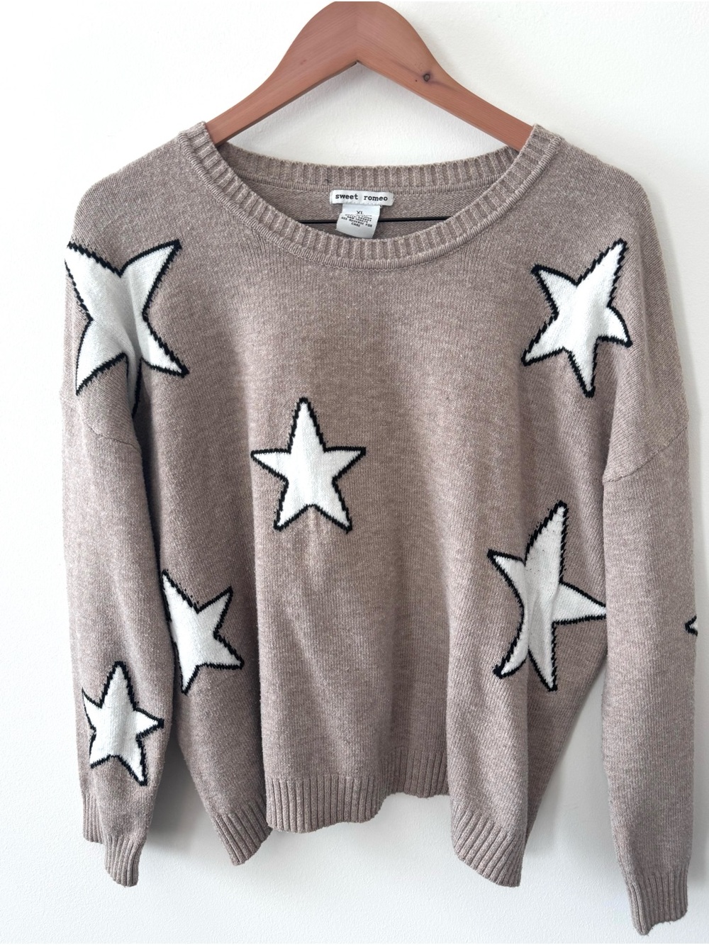 Sweet Romeo XL Taupe White Star Sweater Oversized Crewneck Pullover